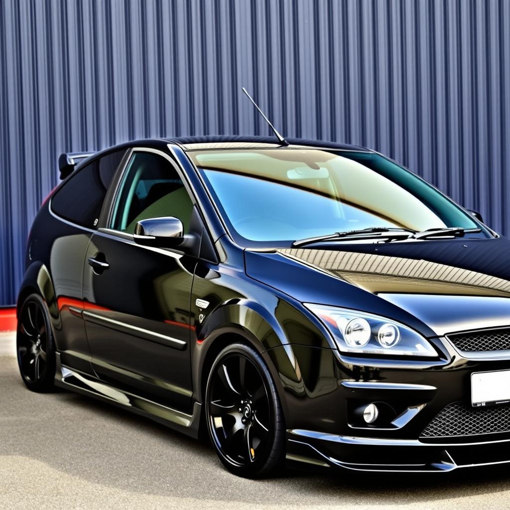 A sleek, modified Ford Focus MK2 from 2006, featuring a striking black shine