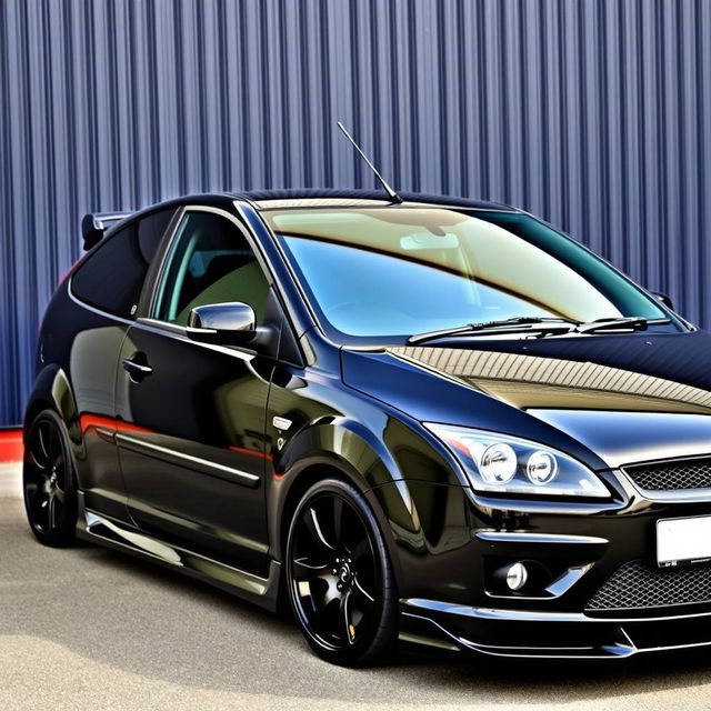 A sleek, modified Ford Focus MK2 from 2006, featuring a striking black shine