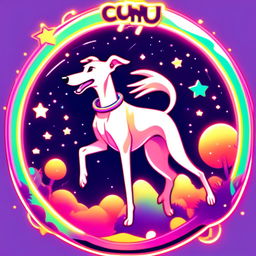 Anime-style greyhound flying through a neon-lit, star-filled cosmos with a glitched circular border.