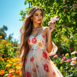 A stunning and elegant woman with long flowing hair, wearing a beautiful, flowing dress adorned with floral patterns