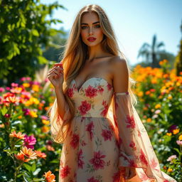 A stunning and elegant woman with long flowing hair, wearing a beautiful, flowing dress adorned with floral patterns