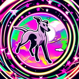 Anime-style greyhound flying through a neon-lit, star-filled cosmos with a glitched circular border.