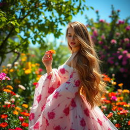 A stunning and elegant woman with long flowing hair, wearing a beautiful, flowing dress adorned with floral patterns