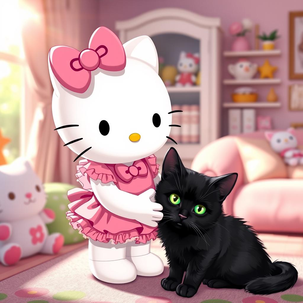 A charming scene featuring Hello Kitty dressed in cute, girly clothes, with a frilly pink dress and a matching bow on her head