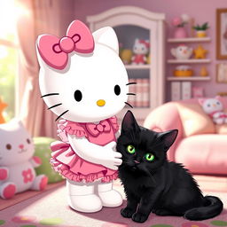 A charming scene featuring Hello Kitty dressed in cute, girly clothes, with a frilly pink dress and a matching bow on her head