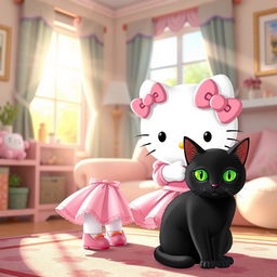 A charming scene featuring Hello Kitty dressed in cute, girly clothes, with a frilly pink dress and a matching bow on her head