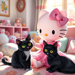 A charming scene featuring Hello Kitty dressed in cute, girly clothes, with a frilly pink dress and a matching bow on her head