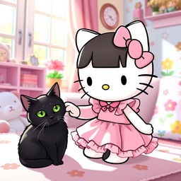 A charming scene featuring Hello Kitty dressed in cute, girly clothes, with a frilly pink dress and a matching bow on her head