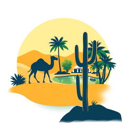 A logo design featuring a stylized camel, an oasis, and a cactus set in a desert landscape