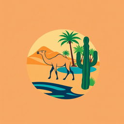 A logo design featuring a stylized camel, an oasis, and a cactus set in a desert landscape