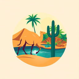 A logo design featuring a stylized camel, an oasis, and a cactus set in a desert landscape