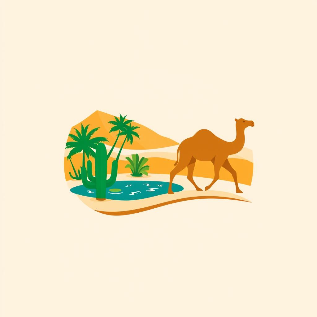 A logo design featuring a stylized camel, an oasis, and a cactus set in a desert landscape