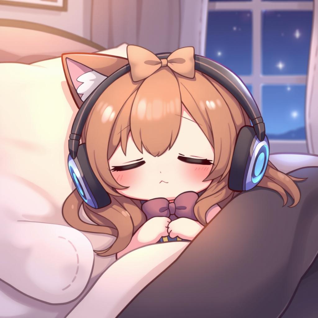 A cute, adorable character resembling a cat with a bow, featuring brown long hair, peacefully sleeping while wearing oversized, stylish headphones