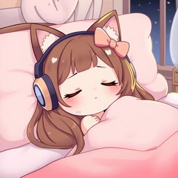 A cute, adorable character resembling a cat with a bow, featuring brown long hair, peacefully sleeping while wearing oversized, stylish headphones