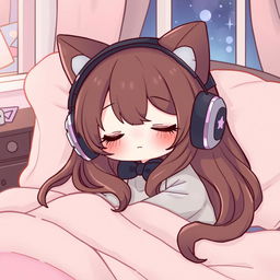 A cute, adorable character resembling a cat with a bow, featuring brown long hair, peacefully sleeping while wearing oversized, stylish headphones