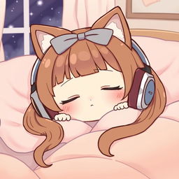 A cute, adorable character resembling a cat with a bow, featuring brown long hair, peacefully sleeping while wearing oversized, stylish headphones