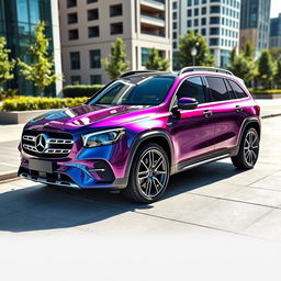 A stunning Mercedes GLB wrapped in vibrant liquid vinyl, showcasing a glossy, mirror-like finish that reflects the surroundings