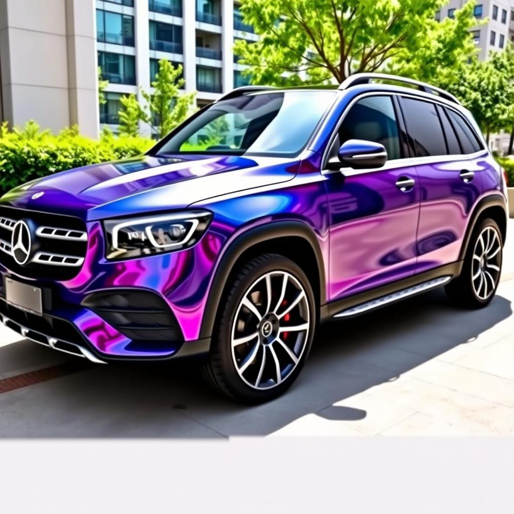 A stunning Mercedes GLB wrapped in vibrant liquid vinyl, showcasing a glossy, mirror-like finish that reflects the surroundings