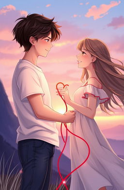 A romantic scene featuring a boy and a girl, both entwined with the red thread of fate