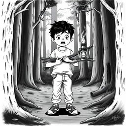 A black and white drawing of a 9-year-old boy with black hair, wearing pants, a t-shirt, and sneakers