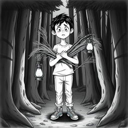 A black and white drawing of a 9-year-old boy with black hair, wearing pants, a t-shirt, and sneakers