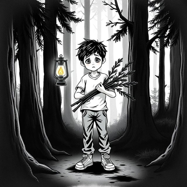 A black and white drawing of a 9-year-old boy with black hair, wearing pants, a t-shirt, and sneakers