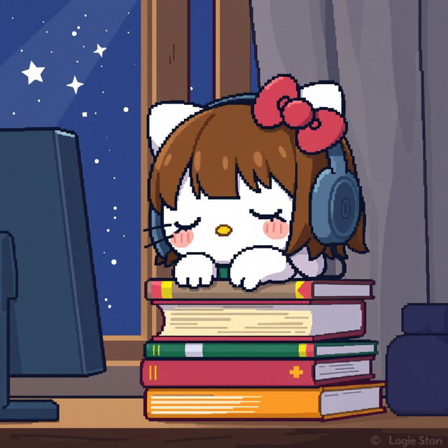 A charming Pixel art scene featuring Hello Kitty with medium brown hair and no bangs, peacefully sleeping on a stack of colorful books