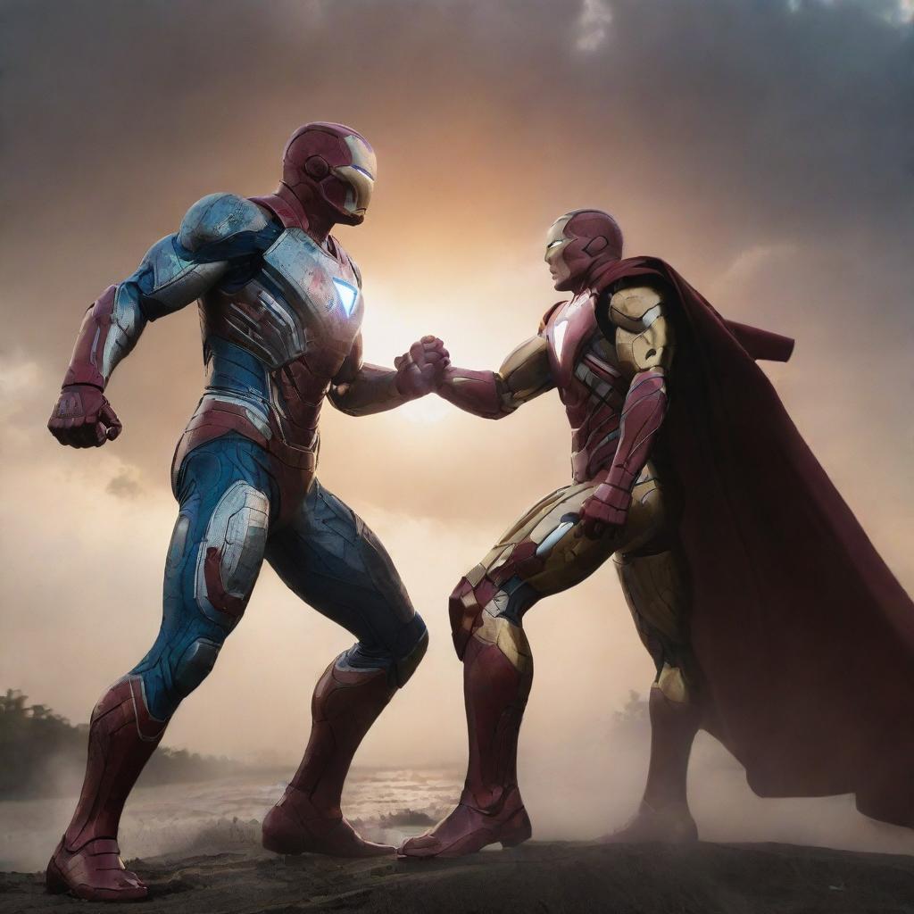 An epic battle scene between Ironman and Superman. They're caught in an intense standoff, their iconic costumes gleaming under a dramatic sunset.