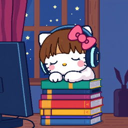 A charming Pixel art scene featuring Hello Kitty with medium brown hair and no bangs, peacefully sleeping on a stack of colorful books