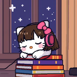 A charming Pixel art scene featuring Hello Kitty with medium brown hair and no bangs, peacefully sleeping on a stack of colorful books