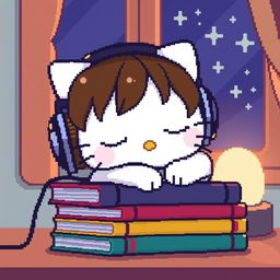 A charming Pixel art scene featuring Hello Kitty with medium brown hair and no bangs, peacefully sleeping on a stack of colorful books