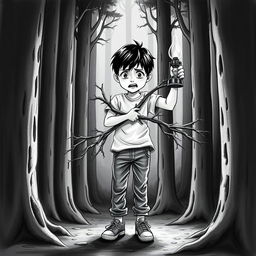 A black and white drawing of a 9-year-old boy with black hair, dressed in pants, a t-shirt, and sneakers