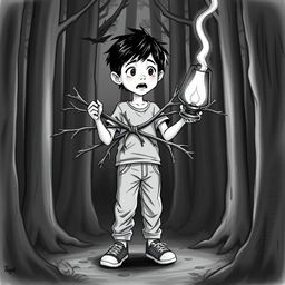 A black and white drawing of a 9-year-old boy with black hair, dressed in pants, a t-shirt, and sneakers