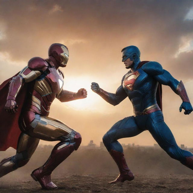 An epic battle scene between Ironman and Superman. They're caught in an intense standoff, their iconic costumes gleaming under a dramatic sunset.