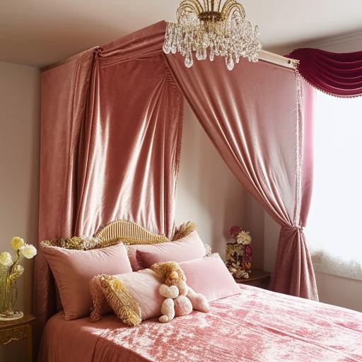 A luxurious bedroom fit for a princess with a canopy bed, fluffy pillows, velvet curtains, crystal chandelier, and decorative golden elements.