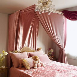 A luxurious bedroom fit for a princess with a canopy bed, fluffy pillows, velvet curtains, crystal chandelier, and decorative golden elements.