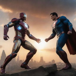 An epic battle scene between Ironman and Superman. They're caught in an intense standoff, their iconic costumes gleaming under a dramatic sunset.