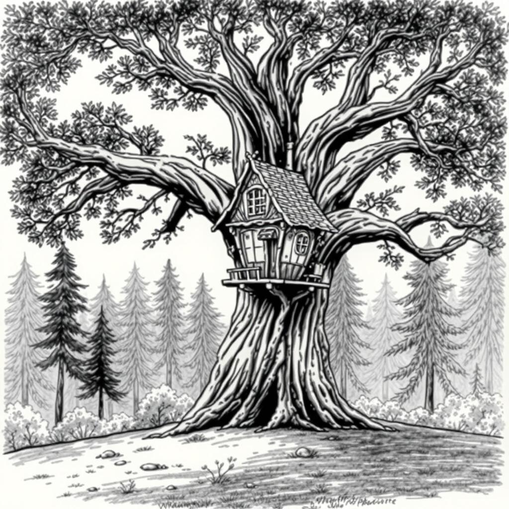 A black and white drawing of a serene clearing in a forest, dominated by a large, majestic tree