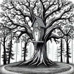 A black and white drawing of a serene clearing in a forest, dominated by a large, majestic tree