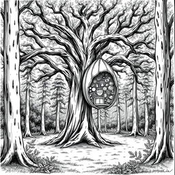 A black and white drawing depicting a tranquil clearing in a forest, featuring a large, grand tree at its center