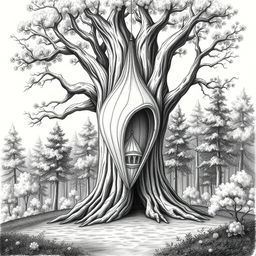 A black and white drawing depicting a tranquil clearing in a forest, featuring a large, grand tree at its center