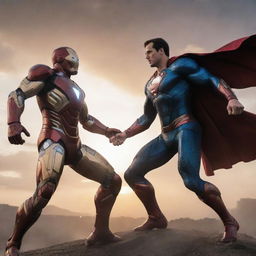 An epic battle scene between Ironman and Superman. They're caught in an intense standoff, their iconic costumes gleaming under a dramatic sunset.