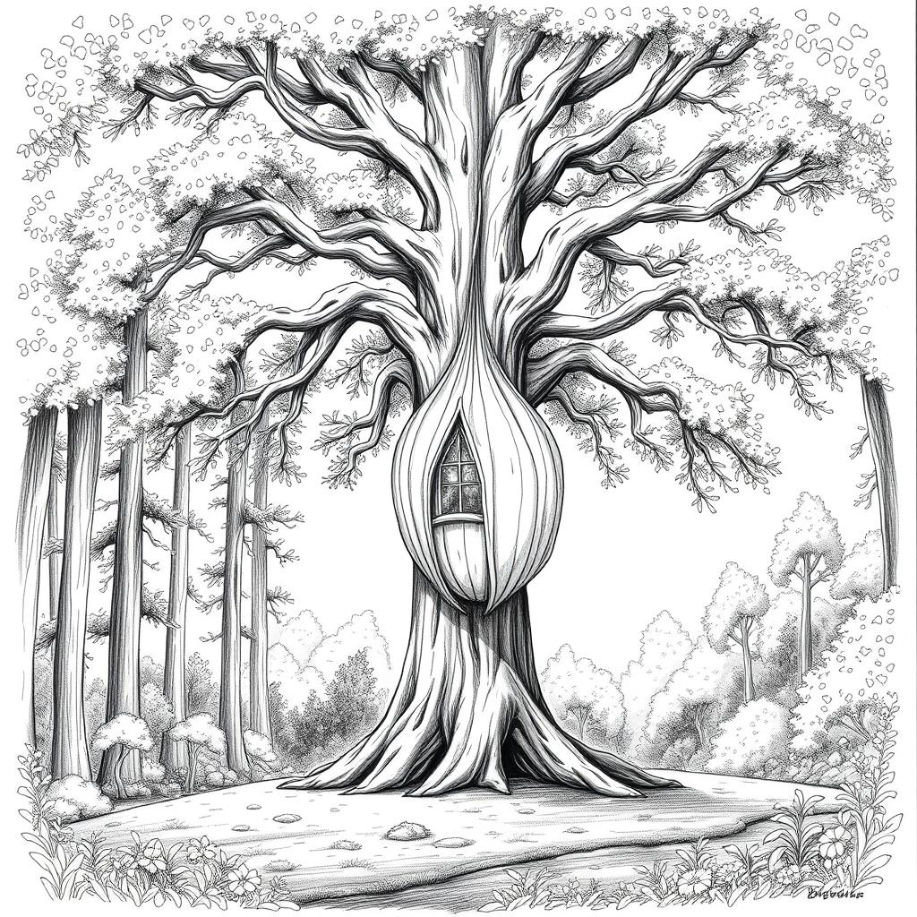 A black and white drawing depicting a serene clearing in a forest, featuring a tall, majestic tree at its center