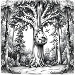 A black and white drawing depicting a serene clearing in a forest, featuring a tall, majestic tree at its center