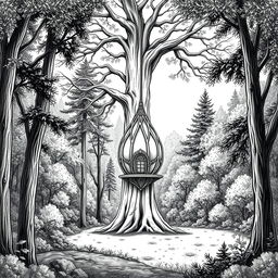 A black and white drawing depicting a serene clearing in a forest, featuring a tall, majestic tree at its center