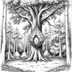 A black and white drawing depicting a serene clearing in a forest, featuring a tall, majestic tree at its center