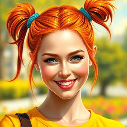 A realistic depiction of a woman with vibrant orange hair styled in two playful pigtails