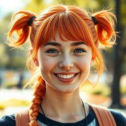 A realistic depiction of a woman with vibrant orange hair styled in two playful pigtails