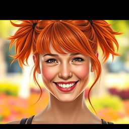 A realistic depiction of a woman with vibrant orange hair styled in two playful pigtails