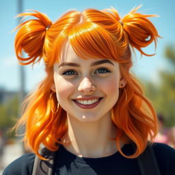 A realistic depiction of a woman with vibrant orange hair styled in two playful pigtails